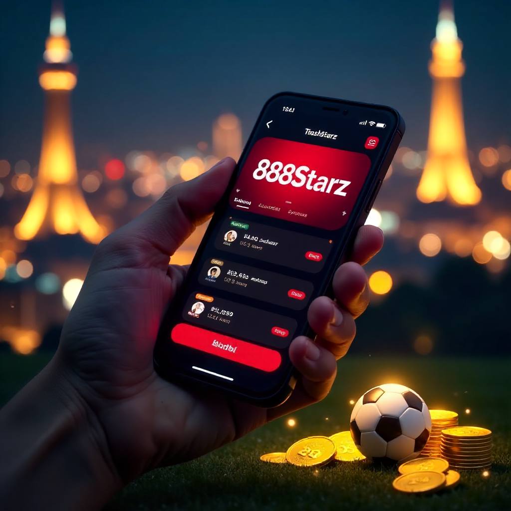 A hand holding a luxury smartphone displaying the official 888starz Uzbekistan app with a sleek red and black interface, background is the Tashkent City skyline and Hilton tower at night with vibrant golden bokeh lights, 3D golden coins and a soccer ball 